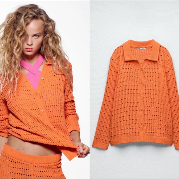 ZARA Women's Size Small Orange Chenille Knit Long Sleeve Collared Cardigan Top - Picture 2 of 4